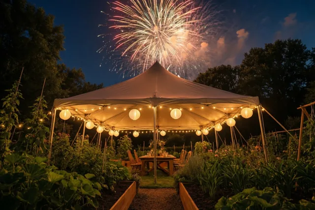 Een feesttent tussen weelderig groen is verlicht met lichtsnoeren en papieren lantaarns, terwijl vuurwerk boven het tentdak aan de donkerblauwe hemel openbarst.