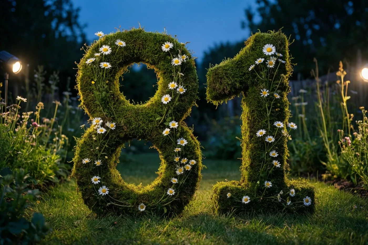 Een met mos bedekte haag vormt 81 en is versierd met madeliefjes, in een landelijke tuin bij schemering met zachte verlichting.