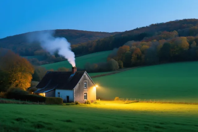 Een afgelegen hoeve met een rokende schoorsteen staat in een groen veld voor herfstheuvels, met warm licht uit ramen en een lamp onder een blauwe schemerlucht.