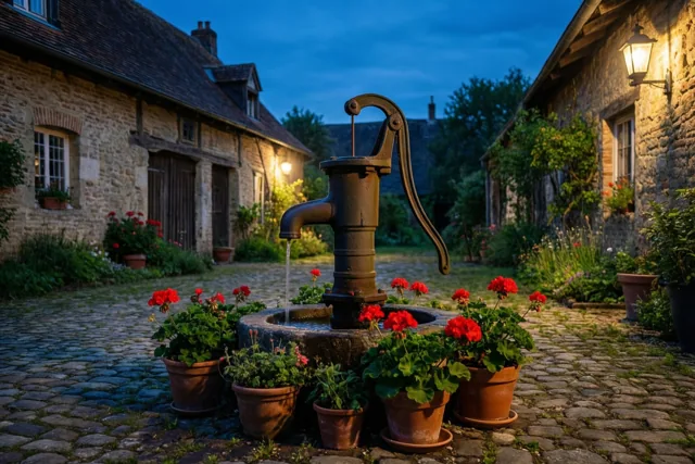 Een oude gietijzeren waterpomp staat tussen geraniums in potten op een hoevekoer met kasseien, waar warme lampen bij schemering de stenen gebouwen en bloemen verlichten.