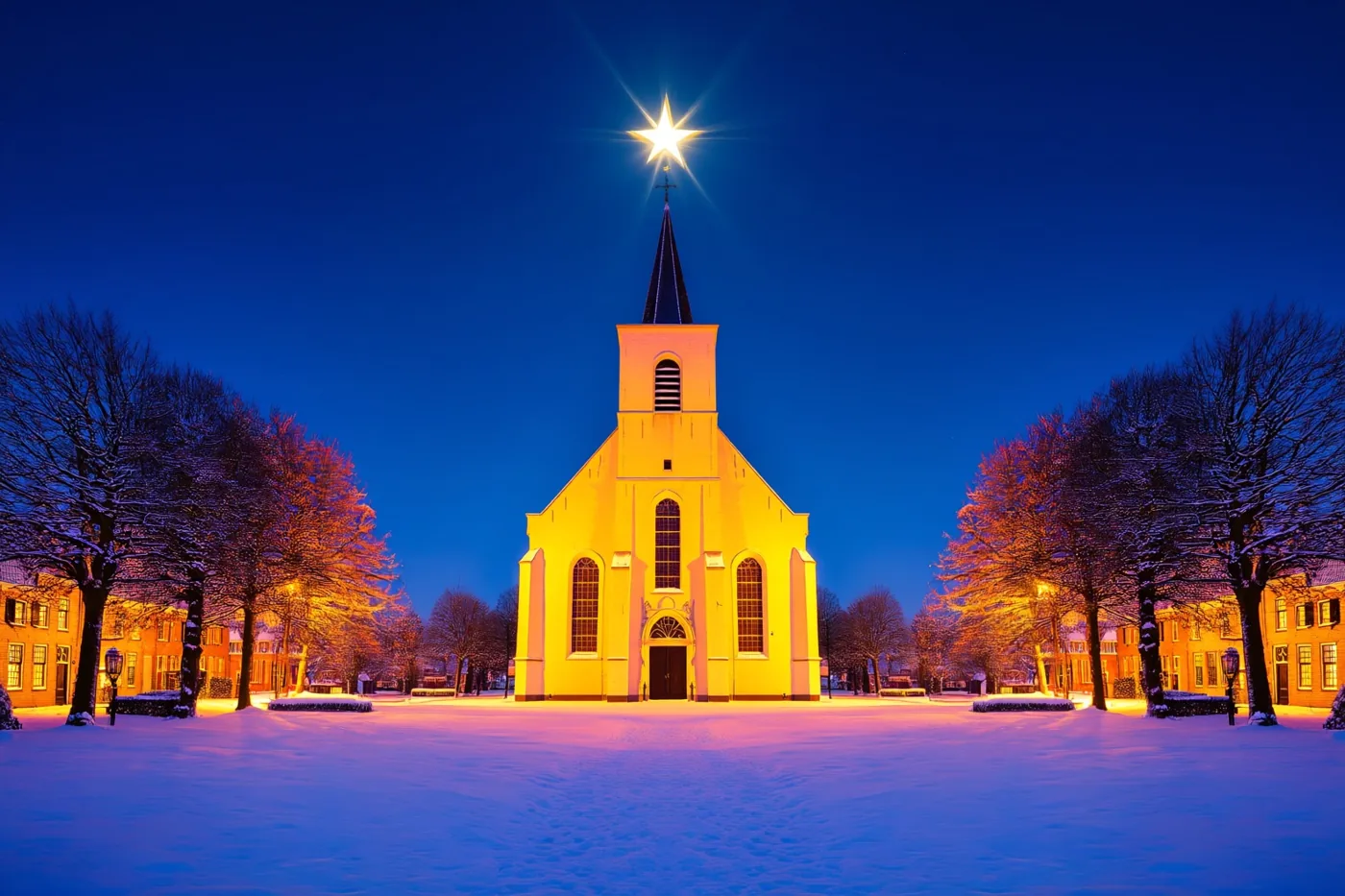 Een verlichte Vlaamse kerk staat op een besneeuwd plein tussen kale bomen, met warmgeel licht van de kerk en een ster tegen een diepblauwe nachthemel.