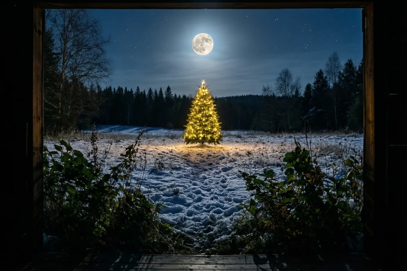 Door een houten raam is een besneeuwde weide onder de volle maan te zien, met een felverlichte kerstboom in warme gele tinten tussen het blauw en wit.