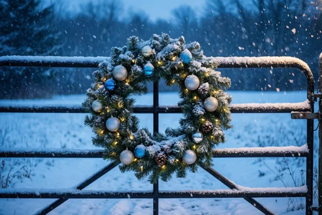 Een kerstkrans met lichtjes en versiering hangt aan een besneeuwd boerderijhek in een landschap met vallende sneeuw.