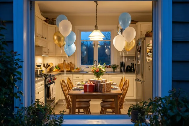 Door een deuropening is 's nachts een warm verlichte keuken te zien met ballonnen aan de stoelen en cadeaus op de eettafel, in blauwe, witte en gouden tinten.