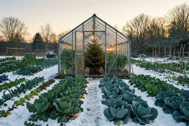 In een besneeuwde moestuin met rijen groene kolen staat bij schemering een serre met warme kerstlichtjes en een versierde boom binnen, met kale bomen op de achtergrond.