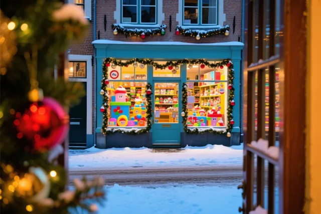 Vanaf een besneeuwd voetpad is een fel verlichte speelgoedetalage met kerstslingers en versiering in een Vlaams stadje te zien, met warm binnenlicht tegenover blauwe tinten van sneeuw en gevel.