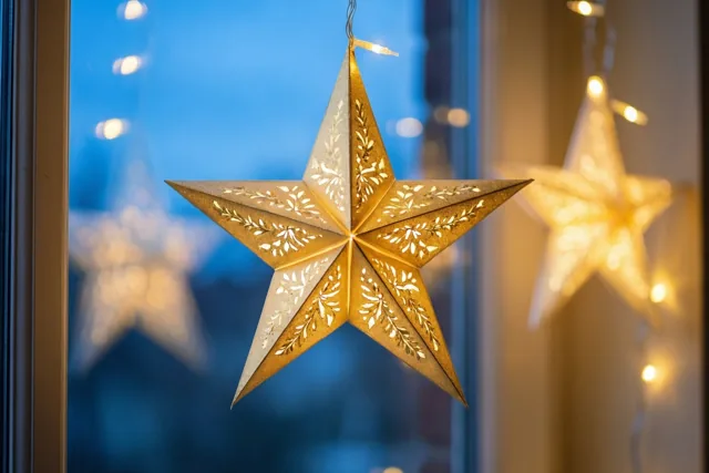 Een van binnenuit verlichte gouden papieren ster met bloemvormige uitsparingen hangt voor een raam, met een blauwe schemerhemel en wazige warme lichtjes op de achtergrond.