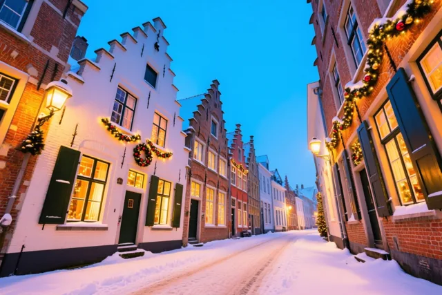 Een besneeuwde Vlaamse dorpsstraat met bakstenen trapgevelhuizen, verlichte ramen en kerstslingers ligt onder een helderblauwe schemerhemel.