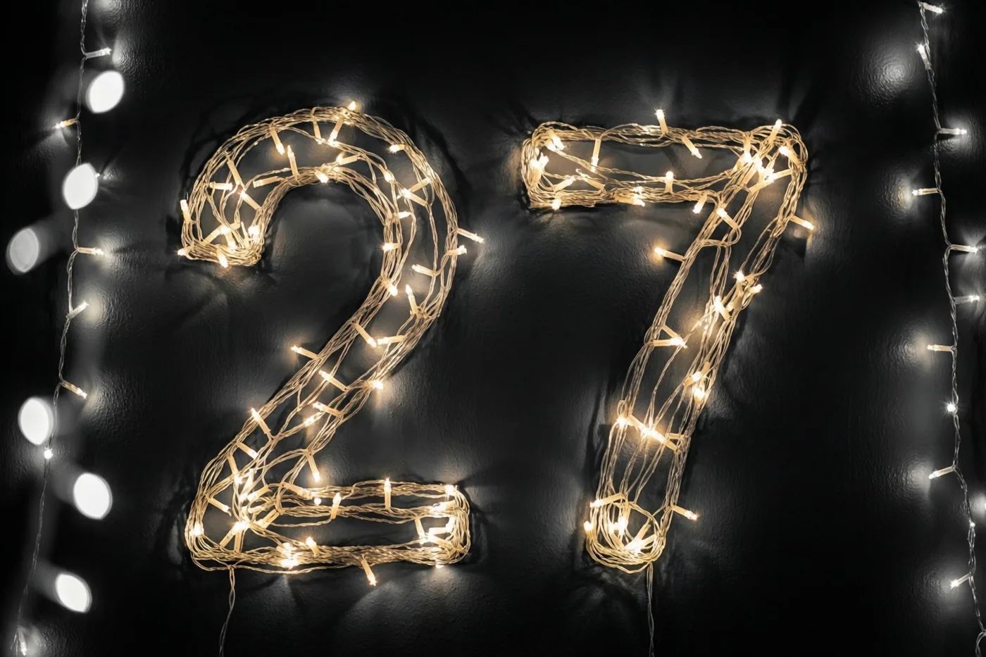 Een warme lichtslinger vormt het getal 27 tegen een donkere muur met structuur, met onscherpe lichtjes op de achtergrond.