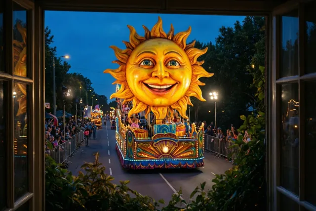 Door een raam met groen op de voorgrond is een praalwagen met een reusachtige lachende zon te zien, verlicht tegen een diepblauwe avondhemel.