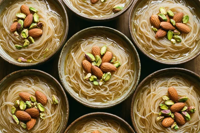 Keramieken kommen met doorschijnende zoete vermicellipudding, hele amandelen en gehakte pistachenoten staan op donker hout.