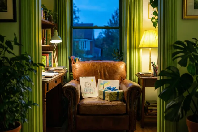 Door een deuropening is een bruine leren zetel met een kindertekening en een ingepakt cadeau te zien in een warm verlichte studeerkamer met groene gordijnen, boekenkasten en planten.