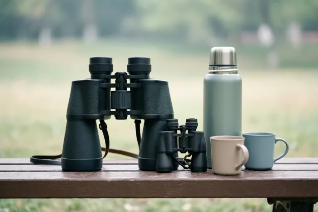 Een grote en een kleine zwarte verrekijker liggen op een houten bank naast een lichtgroene thermos, een beige mok en een lichtblauwe mok, met onscherp groen op de achtergrond.