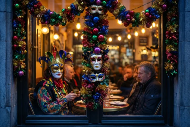 Een caféraam met rode, blauwe en gouden slingers en maskers biedt zicht op gasten in een warm verlicht interieur.