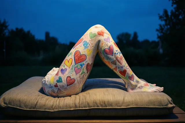Een been in het gips met kleurrijke hartjes en tekeningetjes ligt buiten op een kussen bij schemering, met een donkerblauwe lucht en onscherp groen op de achtergrond.