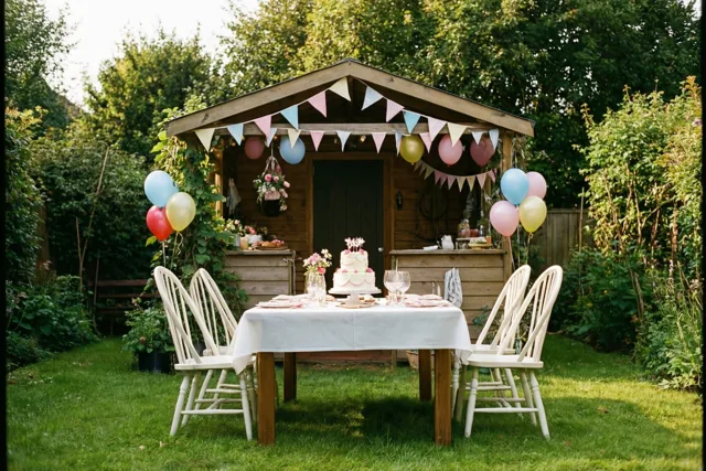 Een tuinhuis met kleurrijke vlaggetjes en ballonnen staat in een weelderige groene tuin, met een tafel op het gazon in zacht licht en pasteltinten.