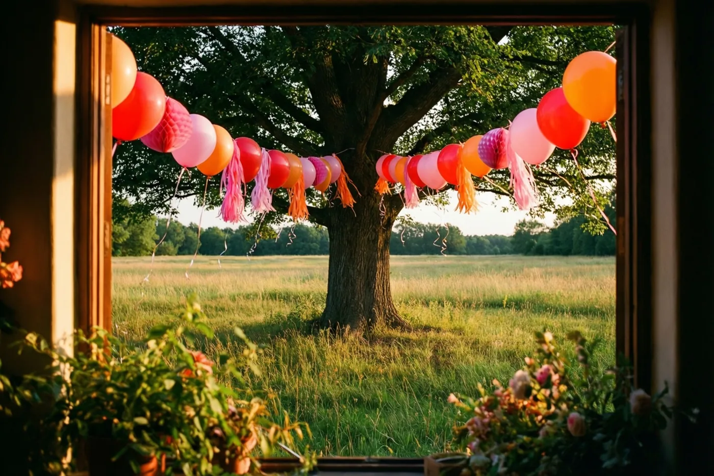 Door een raamkozijn is een grote boom in een weide te zien, versierd met kleurrijke ballonnen en papieren kwastjes in goudkleurig zonlicht.