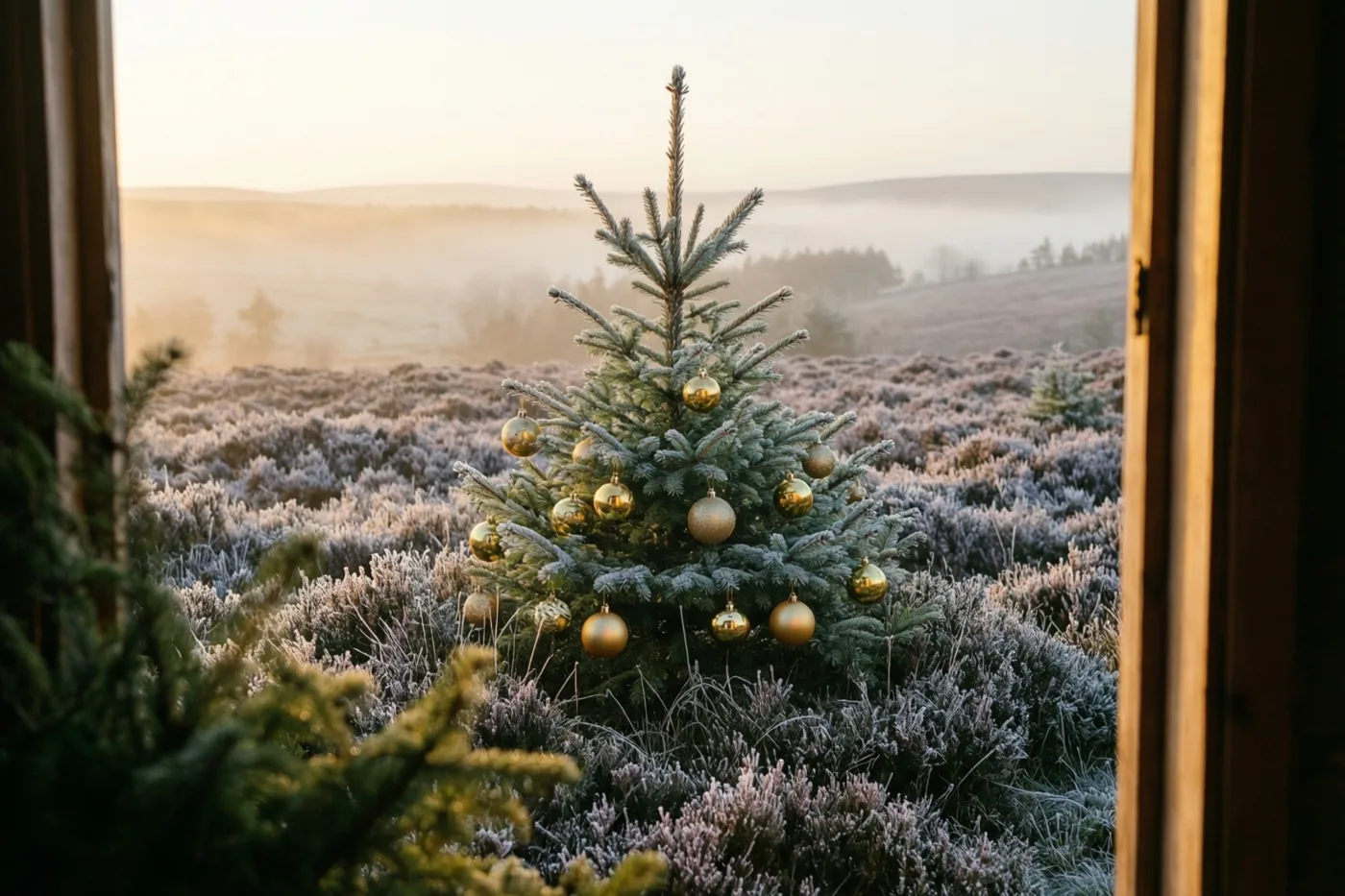 Door een houten raam is een kleine fijnspar met gouden kerstballen op een berijpte heide te zien, met zacht ochtendlicht en mistige heuvels op de achtergrond.