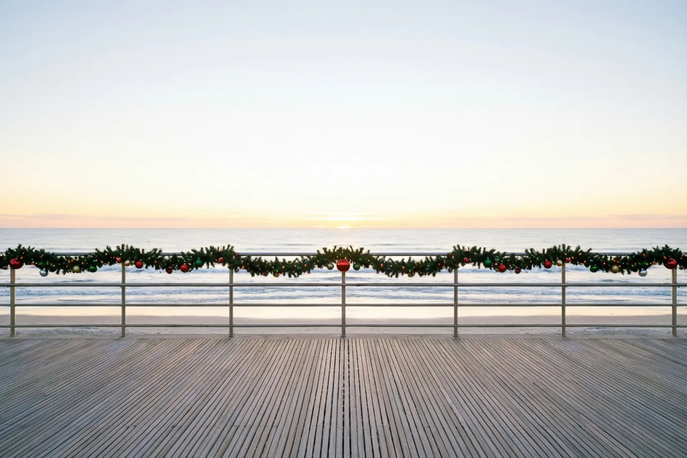 Een houten wandelpromenade aan zee heeft bij schemering een leuning met kerstslingers en versieringen, tegen een achtergrond in zachtblauw, oranje en wit.