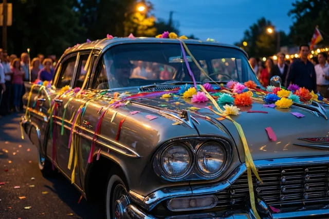 Een auto uit de jaren zestig met kleurrijke slingers en papieren bloemen staat bij schemering in een straat met straatverlichting en toeschouwers op de achtergrond.