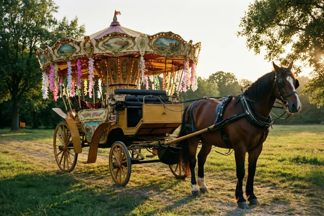Een door een paard getrokken feestwagen met een versierde overkapping en papieren slingers staat op een grasveld bij zonsondergang, in warme bruine, gele en groene tinten.