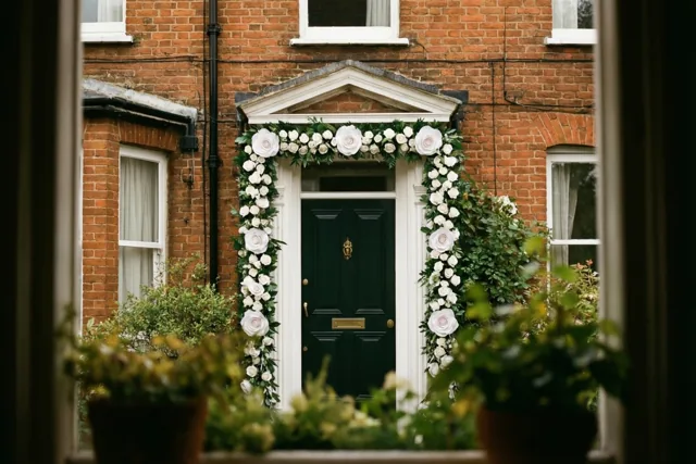Door een raam is de donkergroene voordeur van een rood bakstenen rijhuis te zien, versierd met een slinger van witte papieren rozen.