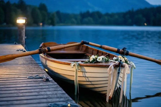 Een houten roeiboot versierd met bloemen en linten ligt vast aan een houten steiger op een rustig meer bij schemering, in zachtblauw en warm goudkleurig licht.