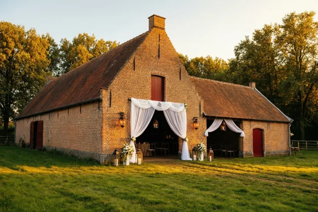 Een bakstenen schuur op een Vlaamse hoeve staat in een grasveld met bomen op de achtergrond, versierd met witte doeken en lantaarns in warm goudkleurig licht.