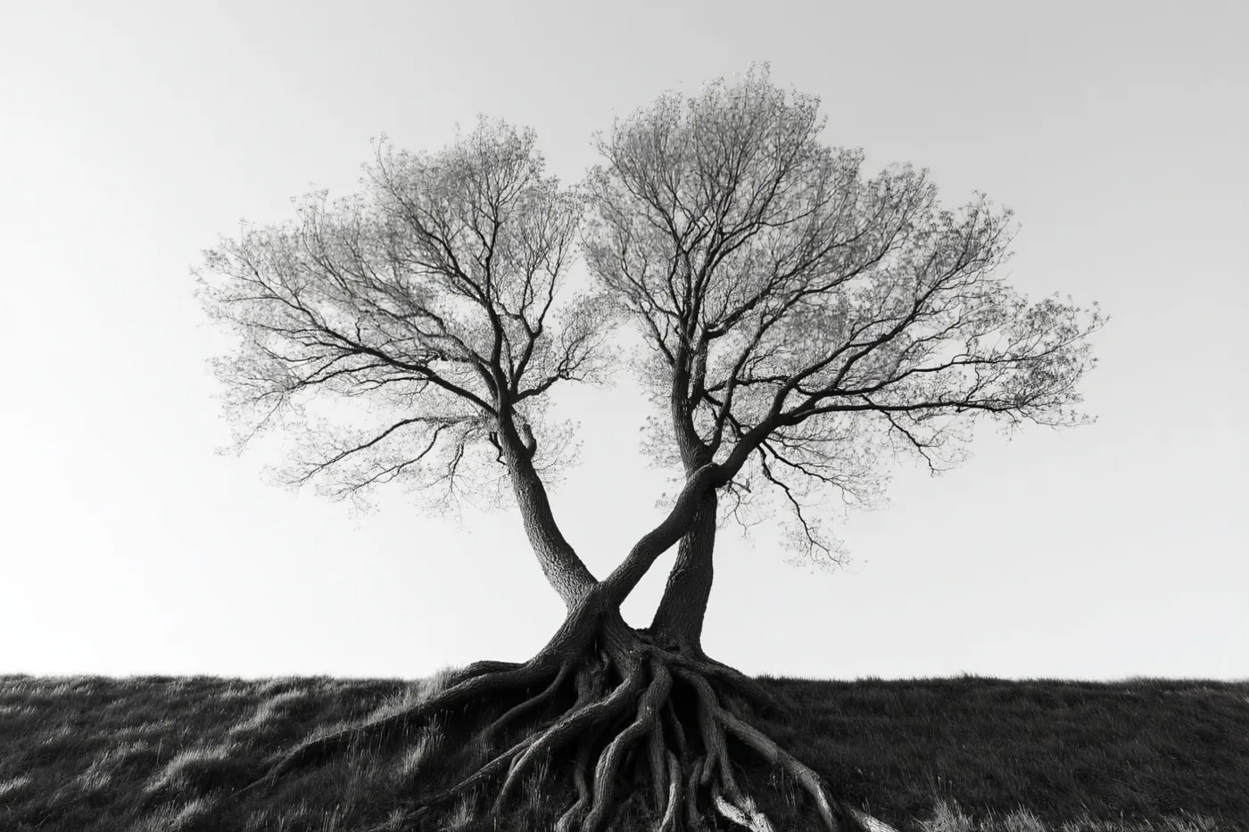 Een zwart-witfoto toont twee bomen met verstrengelde stammen en takken op een met gras begroeide dijk tegen een egale lucht.