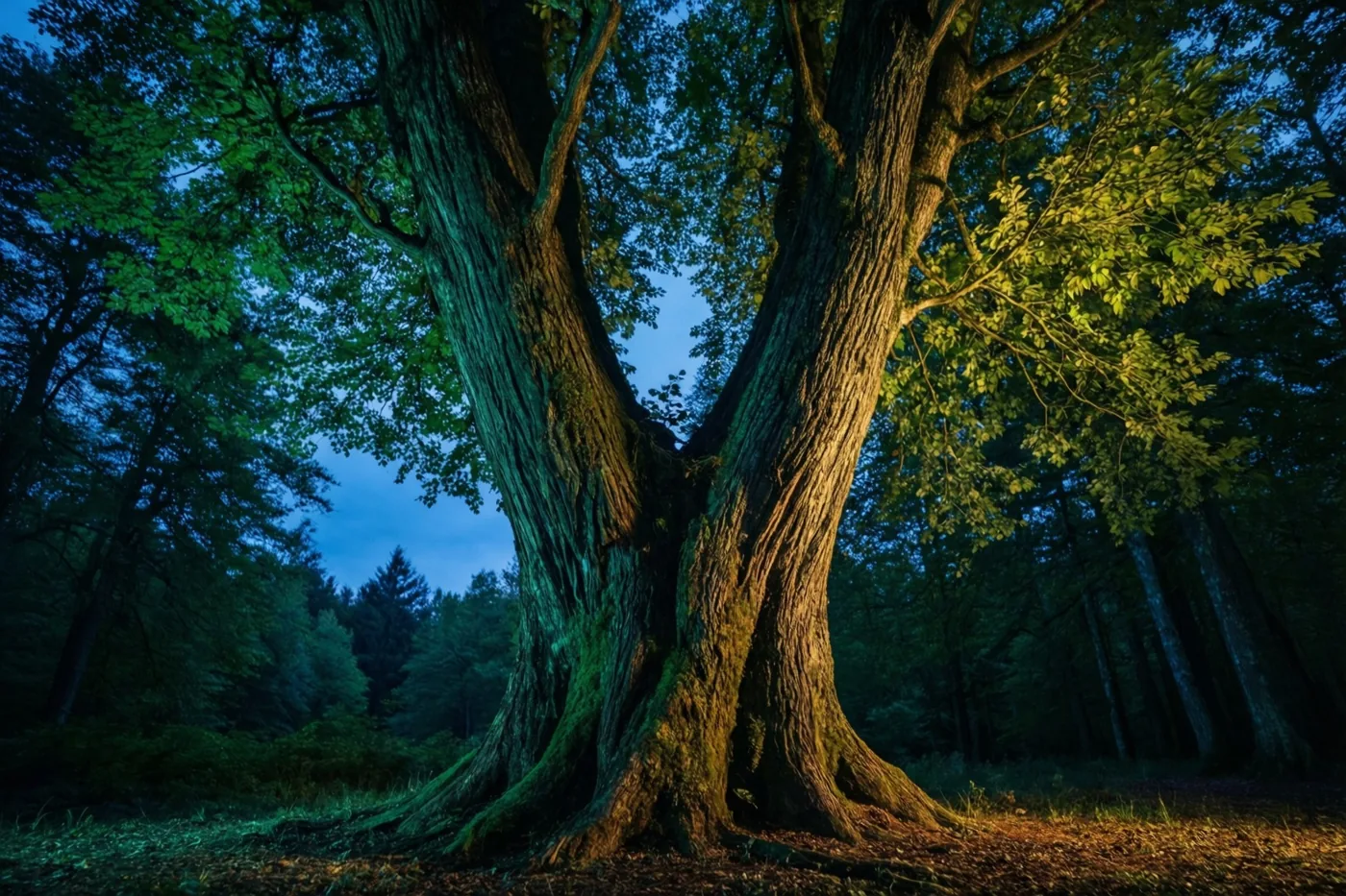 Twee grote bomen met verstrengelde stammen staan aan de bosrand onder een schemerlucht, in koelblauw en warm goudkleurig licht.