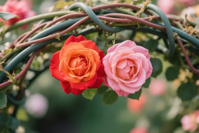 Een oranjerode en een roze bloeiende roos zijn met elkaar verstrengeld over een groene tuinboog in een weelderige tuin.