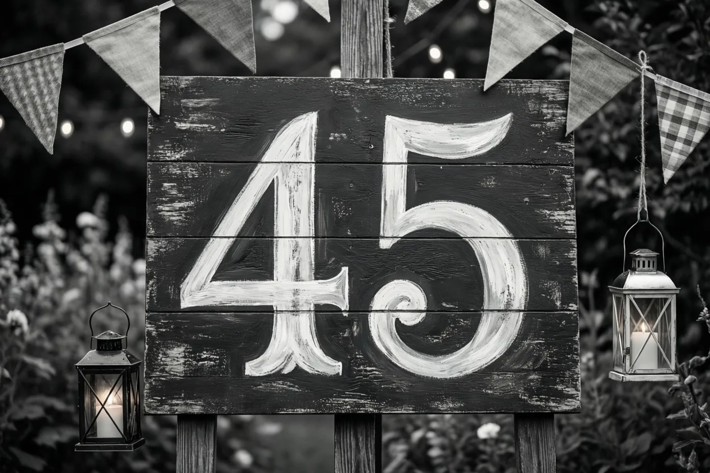 Een zwart-witfoto toont een verweerd houten bord met 45 in witte verf in een tuin met vlaggetjes en lantaarns.