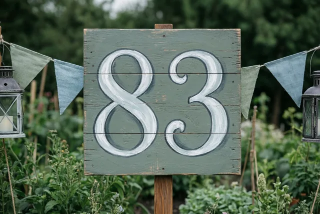 Een verweerd houten bord met 83 in witte verf staat in een tuin tussen blauwe en groene vlaggetjes en hangende lantaarns.