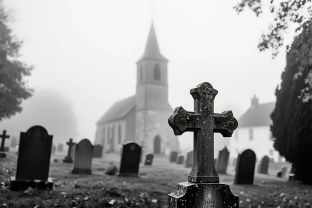 Een verweerd stenen kruis staat van dichtbij in beeld op een kerkhof, met een kerktoren in de mistige achtergrond, alles in één kleurtoon.