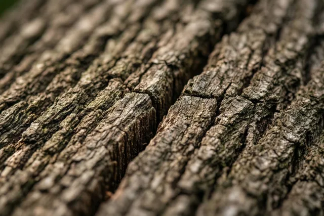 Een detailbeeld toont ruwe, verweerde eikenschors met een opvallende verticale barst in bruine en grijze tinten.