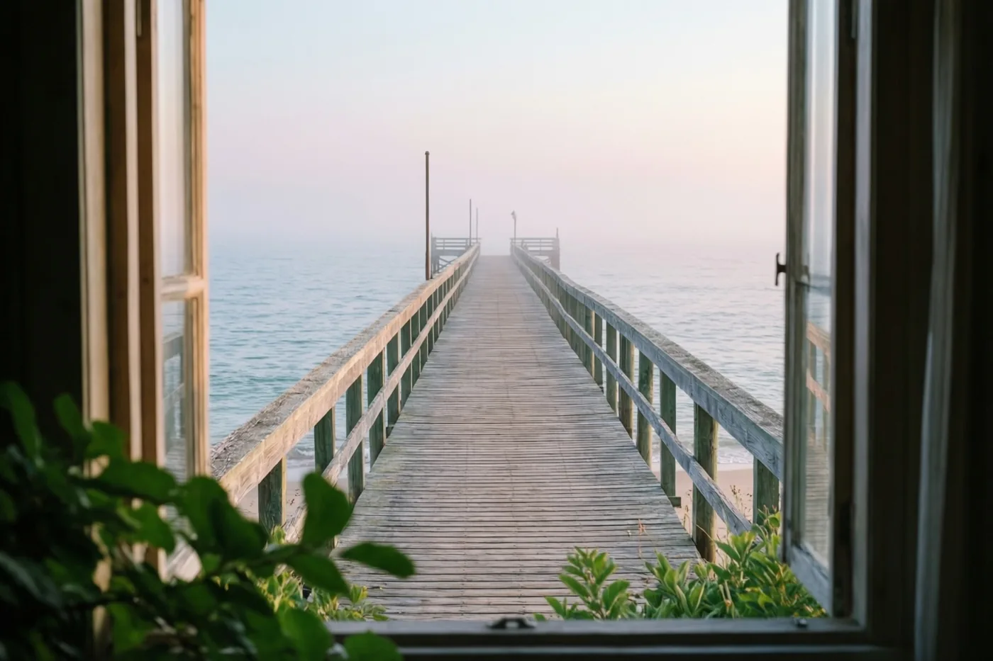 Door een open raam met groene bladeren op de voorgrond is een lange, verweerde houten pier in een kalme zee te zien, op een nevelige zomerochtend in zachte pasteltinten.