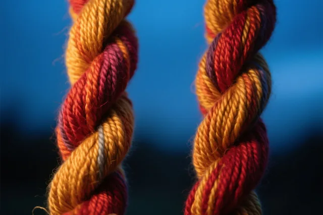 Twee draden gekleurde wol in rode, oranje en gele tinten zijn in elkaar gedraaid en van dichtbij te zien tegen een onscherpe blauwe achtergrond.