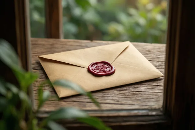 Een bruine envelop met een rood lakzegel ligt op een houten vensterbank, met een houten raamkader en onscherp groen buiten en op de voorgrond.