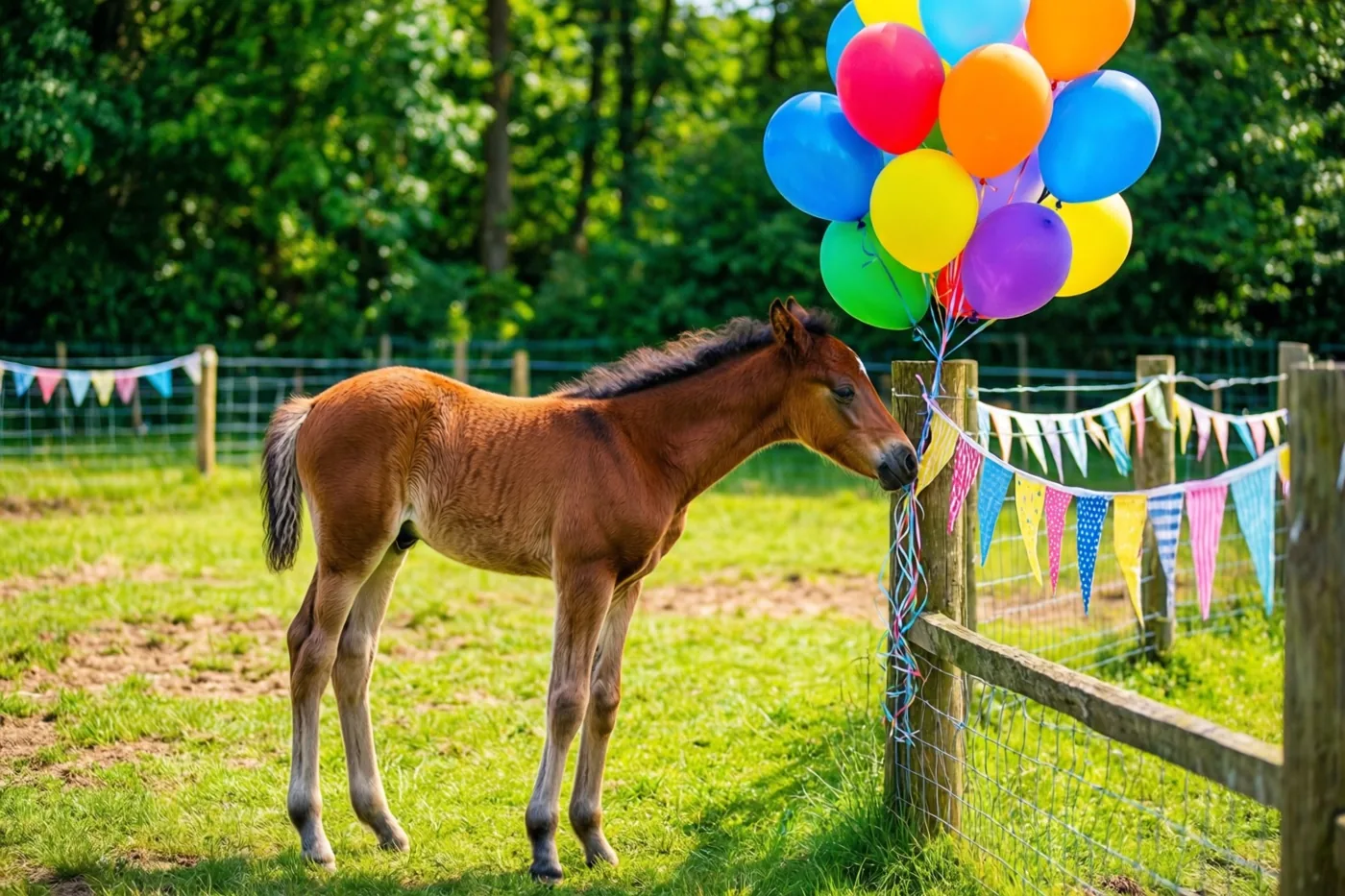 Een jong veulen snuffelt in een zonnige groene paddock aan kleurrijke ballonnen bij een houten omheiningspaal, met feestvlaggetjes en groene bomen op de achtergrond.