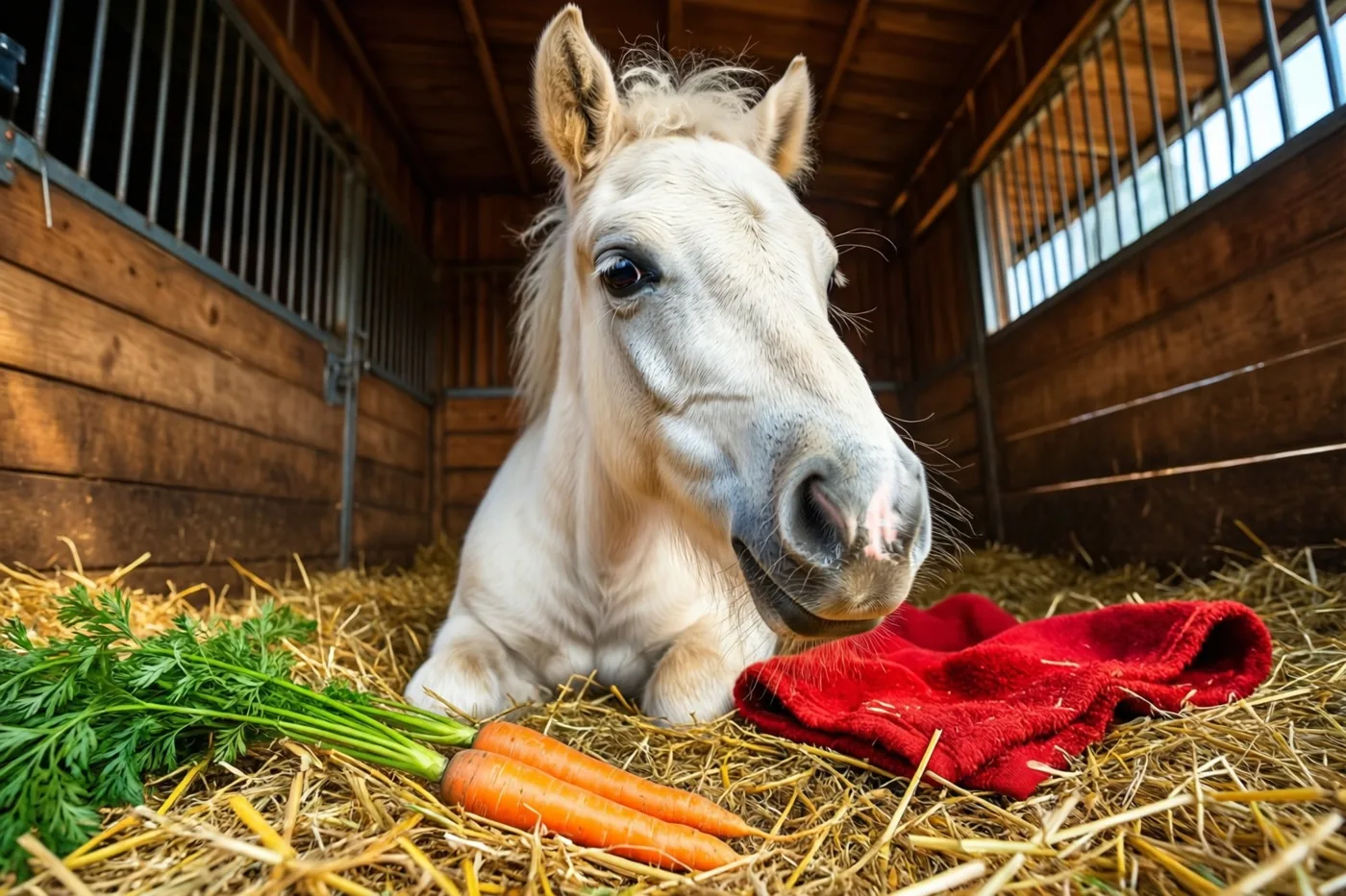 Een wit veulen ligt op stro in een houten stal naast een rode deken en meerdere wortels met loof, met warm daglicht door de ramen.