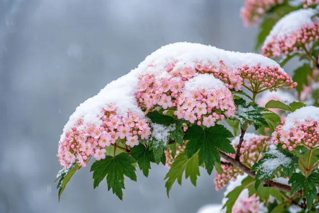 Een viburnumtak met trosjes lichtroze bloemen, groene bladeren en sneeuw is van dichtbij te zien tegen een grijze lucht.