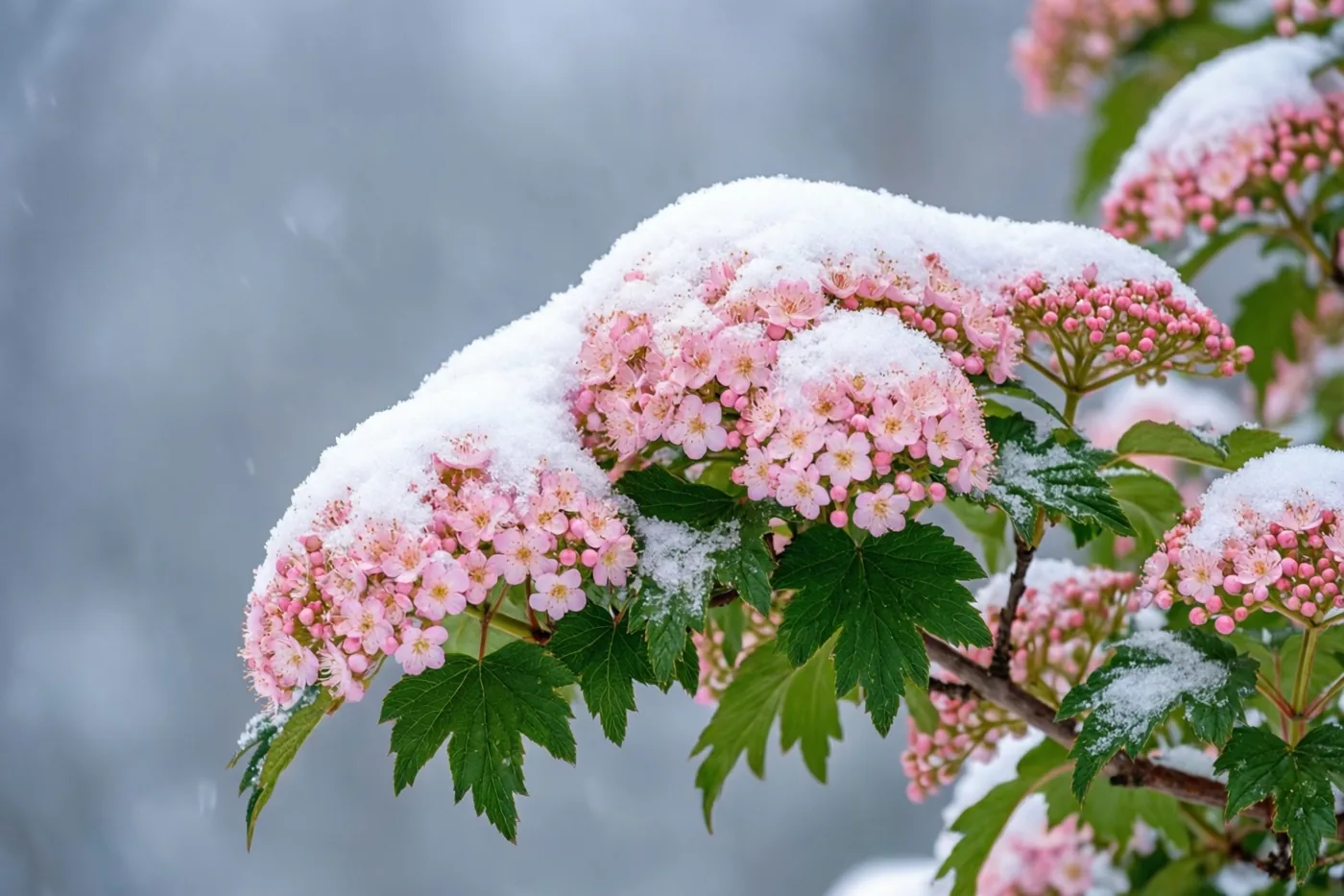 Een viburnumtak met trosjes lichtroze bloemen, groene bladeren en sneeuw is van dichtbij te zien tegen een grijze lucht.