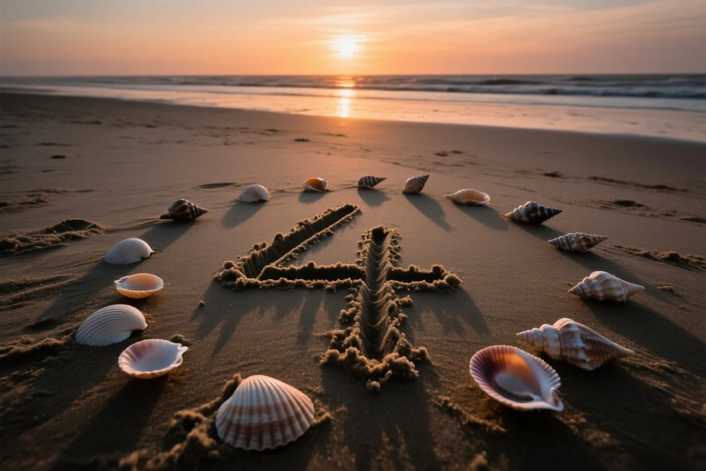 Een grote 4 is in het zand aan de Belgische kust getekend tussen schelpen, onder een oranje en gouden avondlucht.