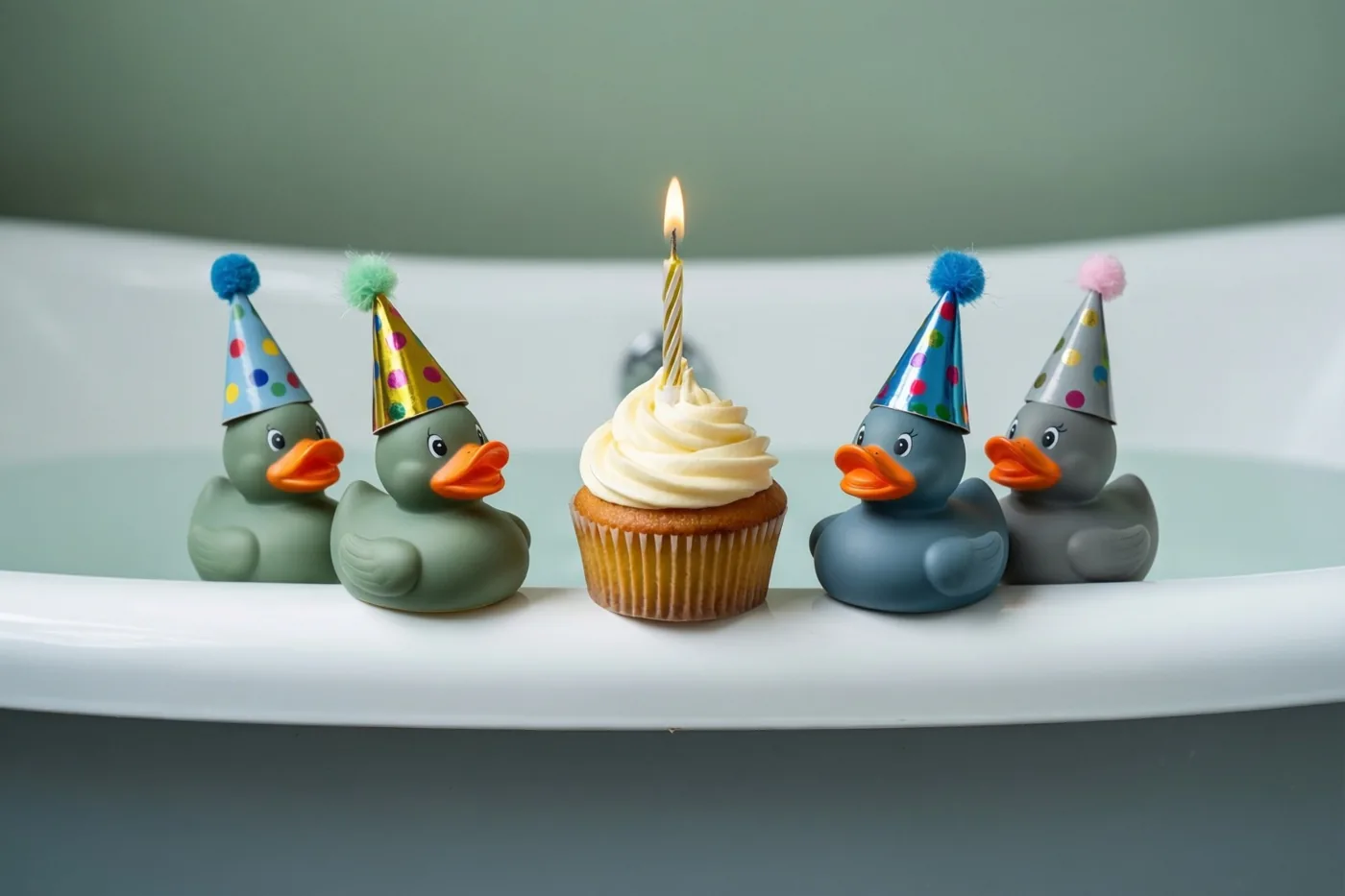 Vier badeendjes met kleurrijke feesthoedjes staan rond een cupcake met een brandend kaarsje op de rand van een wit bad tegen een gedempt groene muur.