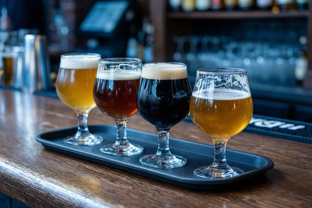 Vier glazen bier van lichtgoud tot zwart staan op een zwart dienblad op een houten toog in een gedempt verlicht café.