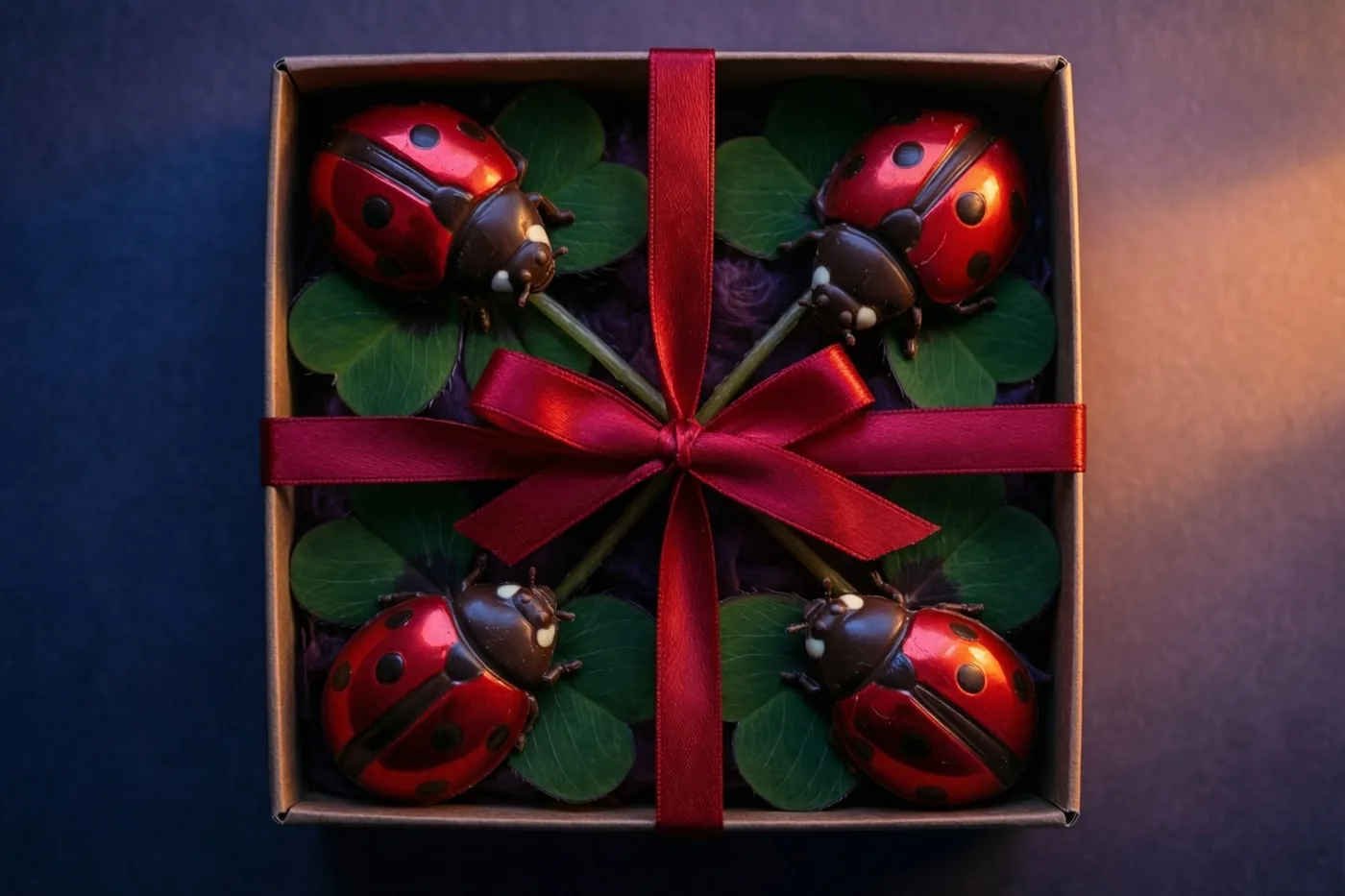 Van bovenaf zijn vier chocolade lieveheersbeestjes op stokjes te zien, elk op een groen klavertjevier in een kartonnen doos met een rood lint tegen een donkerblauwe achtergrond.