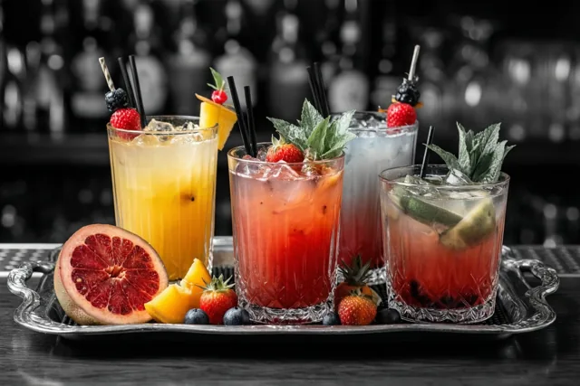 Vier kleurrijke cocktails met fruit en munt staan op een zilveren dienblad op een donkere bar, met onscherpe flessen tegen een verder zwart-witte achtergrond.