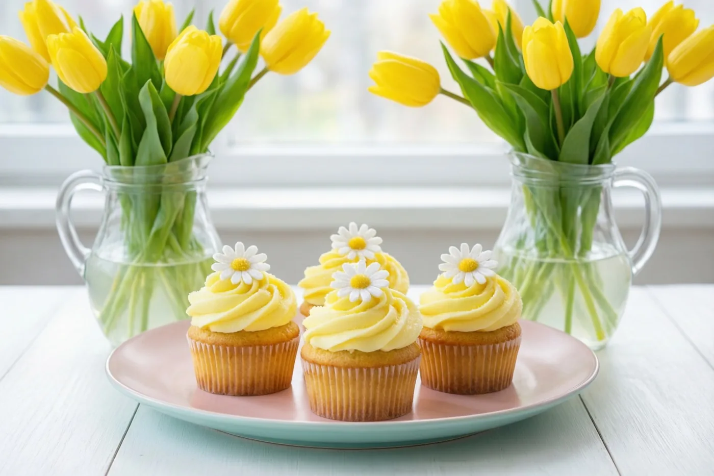 Vier citroencupcakes met geel glazuur en suikermadeliefjes staan op een pastelroze en blauwgroen bord op een witte houten tafel naast twee glazen kannen met gele tulpen.