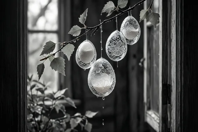 Vier uitgeblazen eieren met fijne patronen hangen aan een berkentak met dauwdruppels voor een wazig raam in een monochroom beeld.