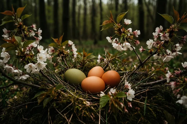 Eén groen en drie bruine eieren liggen in een bemost nest op lage takken met witte kersenbloesems aan een bosrand, tegen een zacht vervaagde achtergrond.